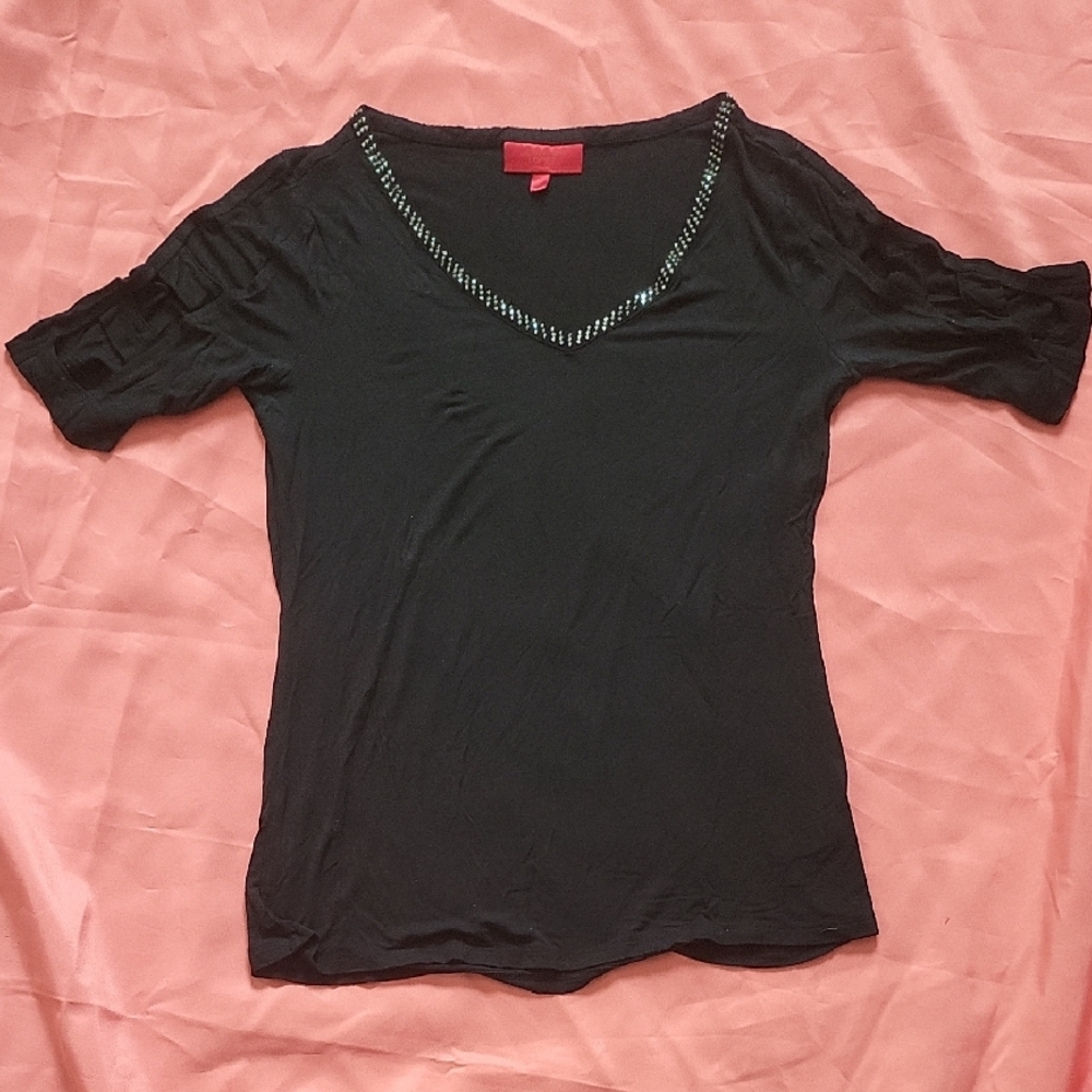 Jennifer Lopez Black V-Neck Tee with Embellished Neckline
